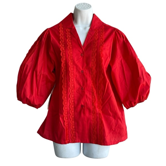 NEW VTG Carefree Fashions Cottagecore Blouse Womens M Red Lace Elbow Sleeve - Picture 2 of 6